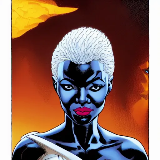 Prompt: Portrait of Ororo Munroe, a beautiful African woman in her 30s, with white hair and piercing blue eyes, symmetrical face, detailed face, gentle face, kind expression, heroic, graphic novel, art by Chris Bachalo and Michael Choi and Alan Davis,