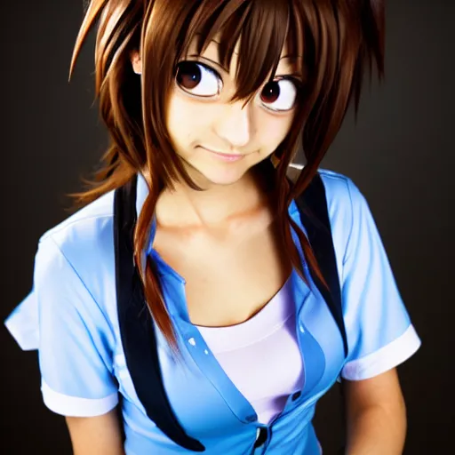 Image similar to professional portrait photograph, realistic photo of haruhi suzumiya from anime the melancholy of haruhi suzumiya.