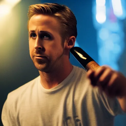 Image similar to Ryan gosling in Drive (2011) holding a baseball bat on his left hand and a goose mask on his right hand, grain, night, illuminated by a street light, atmospheric