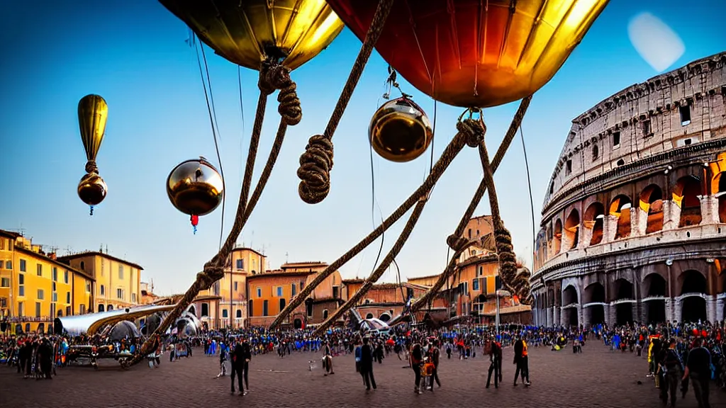 Image similar to large colorful futuristic space age metallic steampunk steam powered balloons with pipework and electrical wiring around the outside, and people on rope swings underneath, flying high over the beautiful medieval rome city landscape, professional photography, 8 0 mm telephoto lens, realistic, detailed, photorealistic, photojournalism