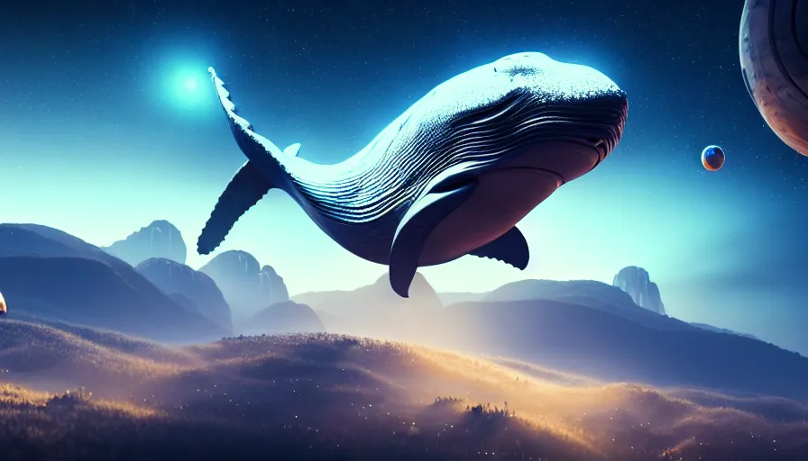 Image similar to highly detailed cinematic scifi render of a flying whale over the tuscany skies, cypresses and hills, stars and planets, hyper detailed, digital art, led lighting, studio quality, smooth render, unreal engine 5, octane render, trending on artstaion.