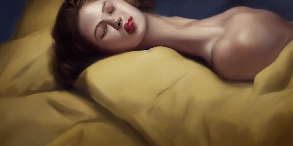 Image similar to beautiful oil matte portrait painting, young woman with closed eyes lying on a red bedsheet with blue pillows wearing a mustard yellow dress, detailed face, wonderful masterpiece highly detailed, beautiful cinematic light deep focus, elegant, digital painting, smooth, sharp focus, golden ratio, dramatic illumination, ultra realistic, 8 k, art by jimmy law