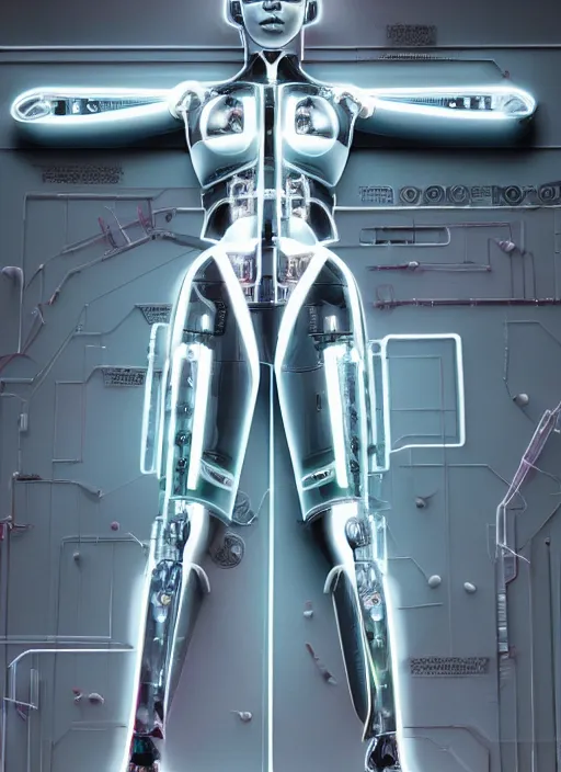 Prompt: photorealistic detailed full body picture of a female cyborg, pretty face, with head arms legs feet and hands, standing on the ground, glamour pose, neon lights, humanoid, extreme, uhdr, book called the most influental cyborg in 2 0 5 0, fine details, highly detailed, intricate, smooth sharp focus, symmetrical features, environmental portrait, realistic render