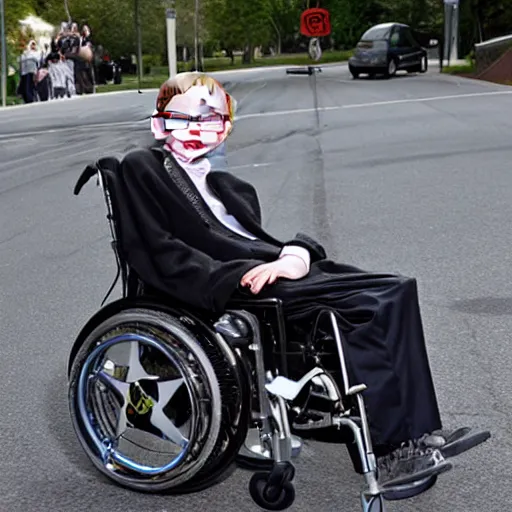 Prompt: stephen hawking street racing in his wheelchair