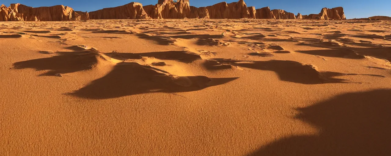 Prompt: great desert landscape with cliffs and sand dunes, warmth, heat, sand, glaring sun, camels, filmic,