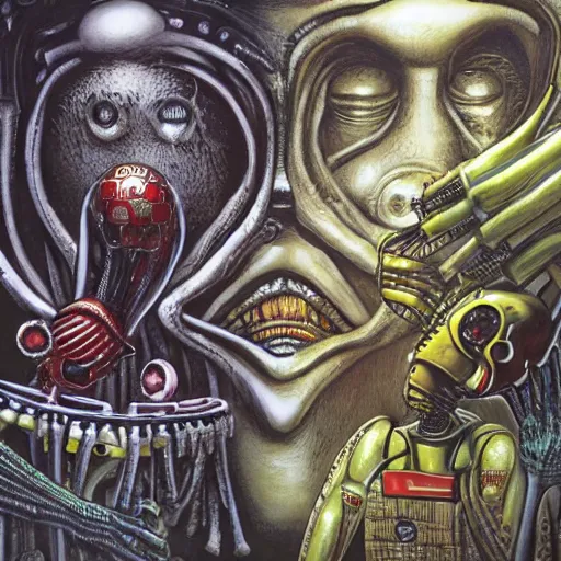 Image similar to ronald mcdonald versus queen alien by h. r. giger highly detailed, cinematic, panoramic