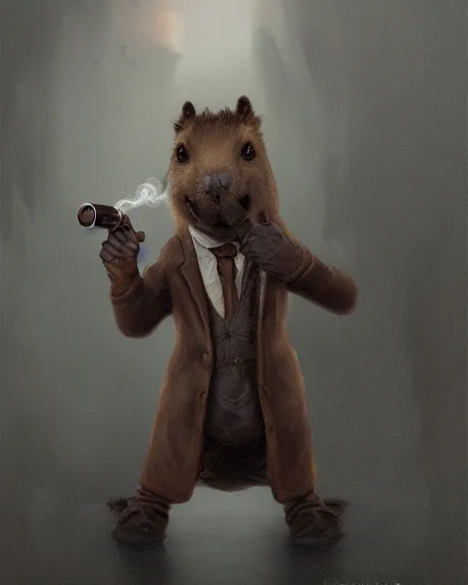 Image similar to oil painting of anthropomorphized capybara holding a smoking pipe, detective clothes, close shot, full body, dark steampunk mine shaft background, sharp focus, fantasy style, octane render, volumetric lighting, 8k high definition, by greg rutkowski, highly detailed, trending on art Station, dungeons and dragons artwork, centered