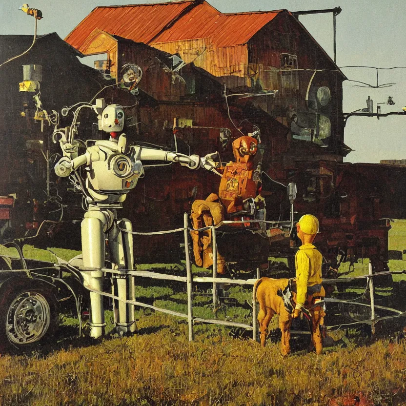 Prompt: portrait painting of a robot made of shiny reflective chrome in front of a barn and farm, painted by norman rockwell. agricultural scene. pulp sci - fi art for omni magazine. high contrast. dark background. baroque period, oil on canvas. renaissance masterpiece. trending on artstation. retrofuturism.