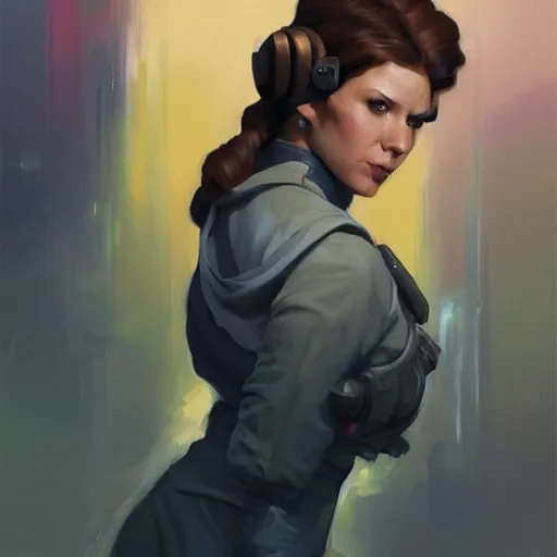 Image similar to greg manchess portrait painting of leia organa as overwatch character, medium shot, asymmetrical, profile picture, organic painting, sunny day, matte painting, bold shapes, hard edges, street art, trending on artstation, by huang guangjian and gil elvgren and sachin teng