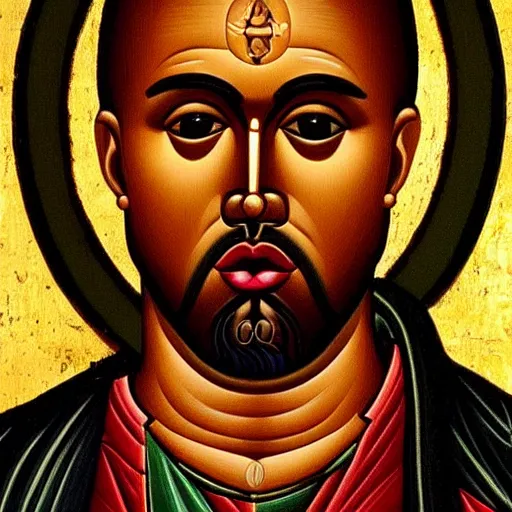 Prompt: kanye west, kanye portrait, ancient byzantine icon, roman catholic icon, saintly, orthodox