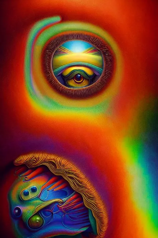 Image similar to hyperrealistic abstract close-up Renaissance psychedelic!! celestial happy! pure creature!! peaceful! kind spirit of nature! beautiful fractal!! eyes! highly detailed concept art eric zener elson peter cinematic hard rainbow lighting high angle hd 8k sharp shallow depth of field endless, inspired by Zdzisław Beksiński Salvador Dali