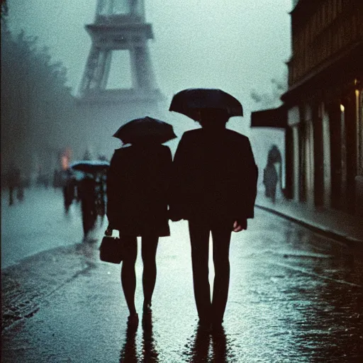 Image similar to street of paris photography, night, rain, mist, lovers holding hands, cinestill 8 0 0 t, in the style of william eggleston