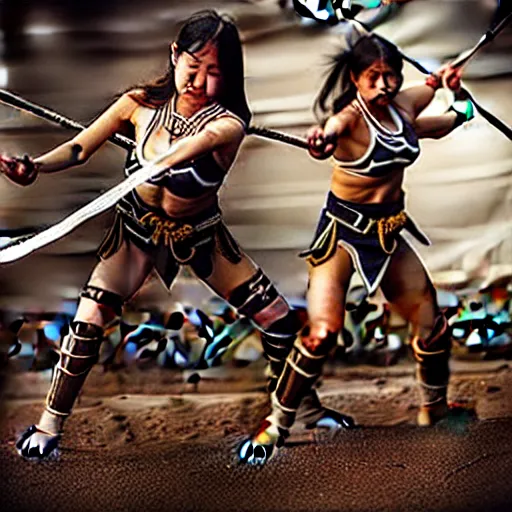 Image similar to athletic female amazon warriors fighting in the arena, cinematic, highly detailed, action movie