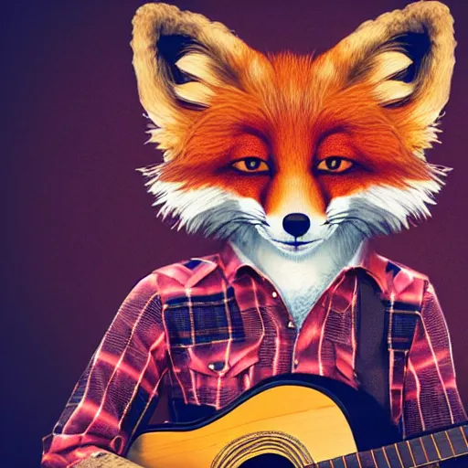 Image similar to a female fluffy anthropomorphic fox animal, head of fox, wearing cowboy hat, wearing plaid shirt, playing guitar, in a field, barn in background, album cover style