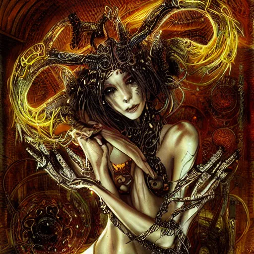 Prompt: cybernetic demon dreaming, lsd, circuitry, intricate detail, royo,