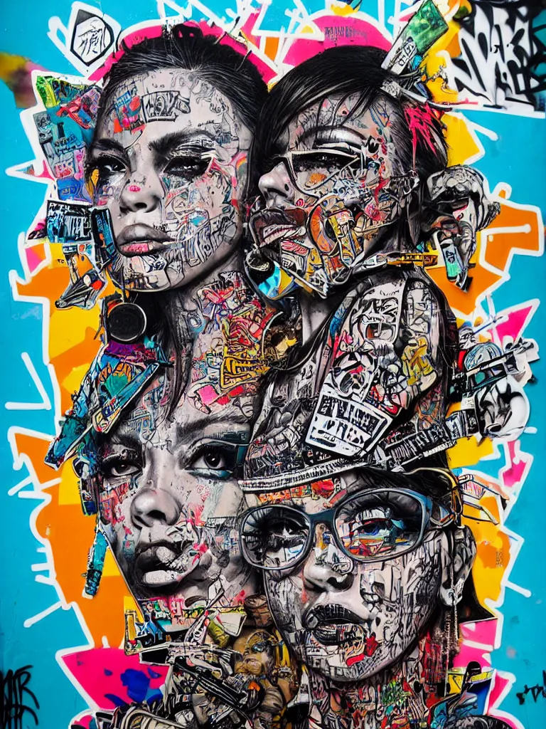 Prompt: a multilayered mixed media street art on paper bursting with nostalgic pop culture and hip - hop references, punk and graffiti symbols and tattoo designs, sharp details and in focus, high resolution, flat evenly lit background, art by stikki peaches