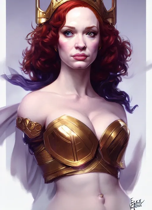 Image similar to valkyrie portrait of christina hendricks, beautiful face, highly detailed face!!!, extremely detailed!, digital painting, unreal engine 5, art by artgerm and greg rutkowski and alphonse mucha