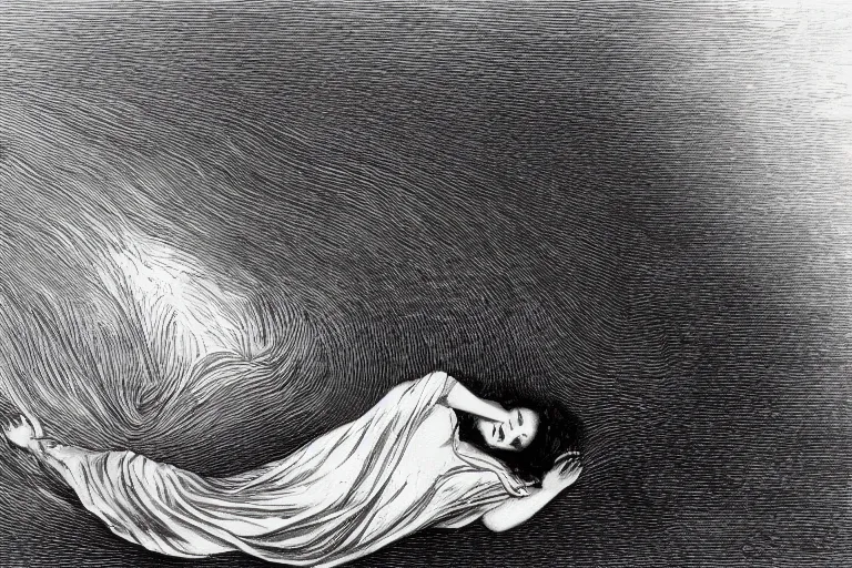 Image similar to black and white, young french woman sleeping in the flowfield, top view, Gustave Dore lithography