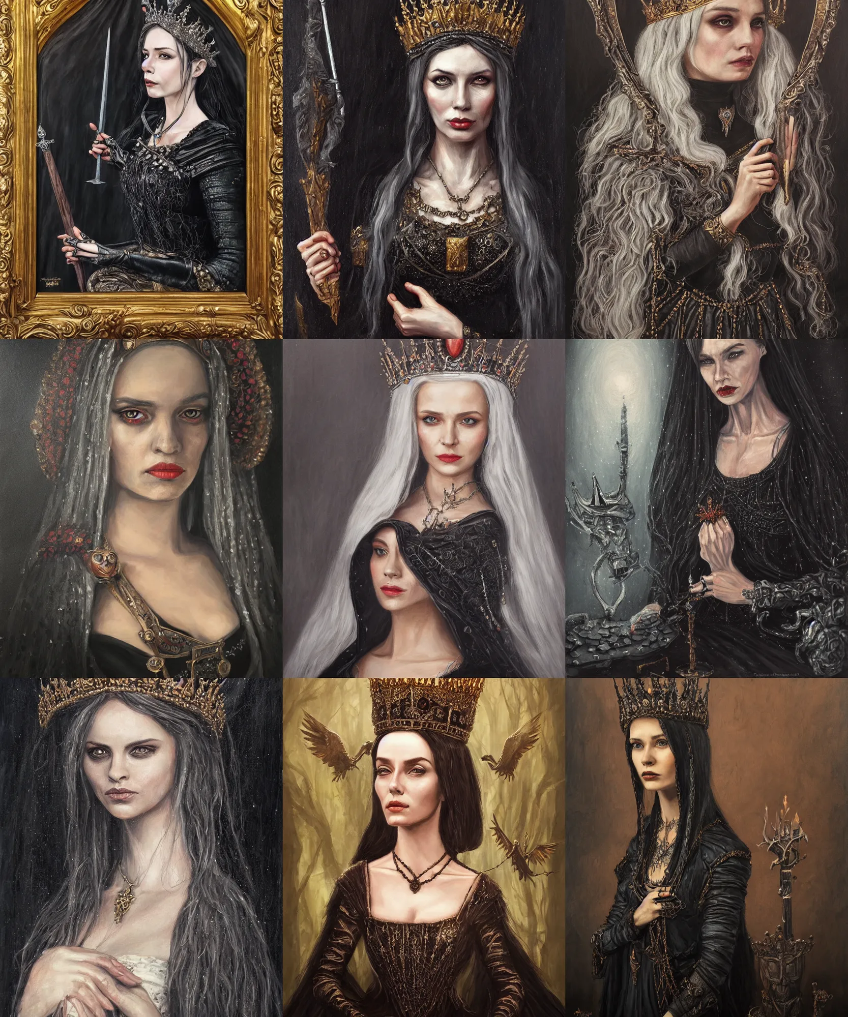 Prompt: The portrait of Lady in black wax crown by Ania Tomicka, dark fantasy, witcher, very detailed oil painting, masterpiece, 8k