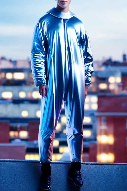 Prompt: un ultra high definition studio quality photographic art portrait of a young man standing on the rooftop of a british apartment building wearing soft baggy inflatable padded silver iridescent pearlescent clothing. three point light. extremely detailed. golden ratio, ray tracing, volumetric light, shallow depth of field. set dressed.