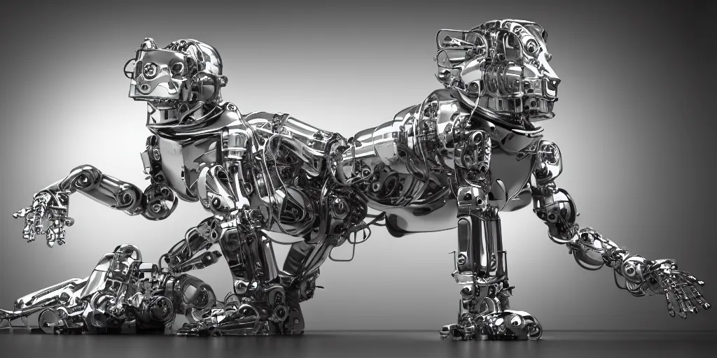 Image similar to maine coon robot cat made of shiny plastic, [ scifi, robot, epic, cinematic, 8 k, octane render, ultra detailed, intricate, ornate, cybernetics, giger, biomechanical ]