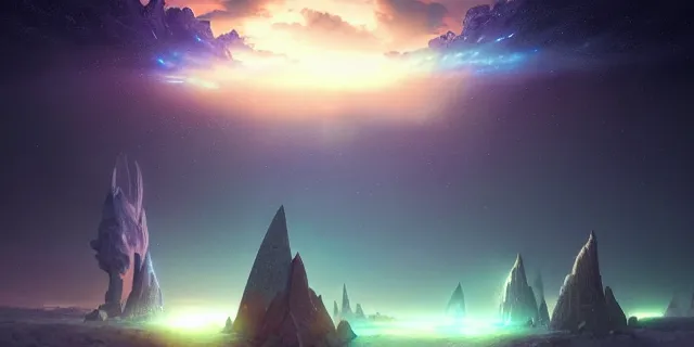 Image similar to a fleet of interconnected giant glowing futuristic crystal cubes in the sky, a fantasy magical landscape seen in the distance, atmospheric lighting, intricate, volumetric lighting, beautiful, sharp focus, ultra detailed, in the art style of marc simonetti, bowater charlie and brom gerald, astrophotography