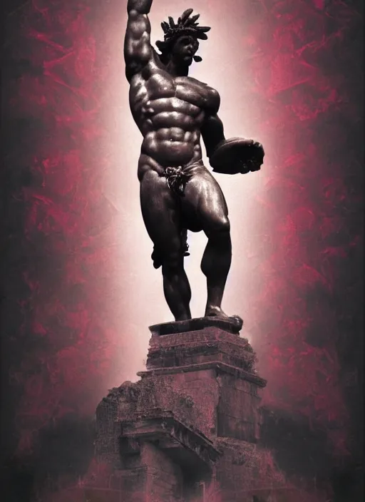 Prompt: design poster showing a statue of hercules, black background with very subtle red and purple design elements, powerful, nekro, vito acconci, graphic design, collage art, subtle thin lines, dark, glitch art, neo vaporwave, gritty, layout frame, square, trending on artstation