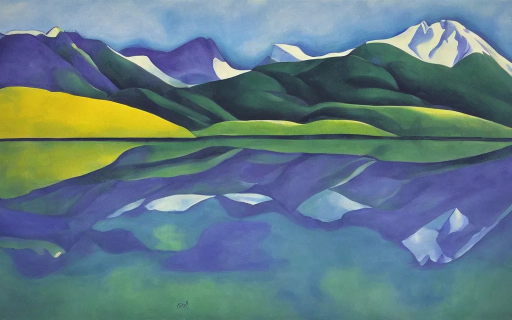 Image similar to the alps and reflection in a lake in the style of georgia o keeffe. colorful, wavy. painting. medium long shot. perspective. color palette of blue, yellow, purple, green.