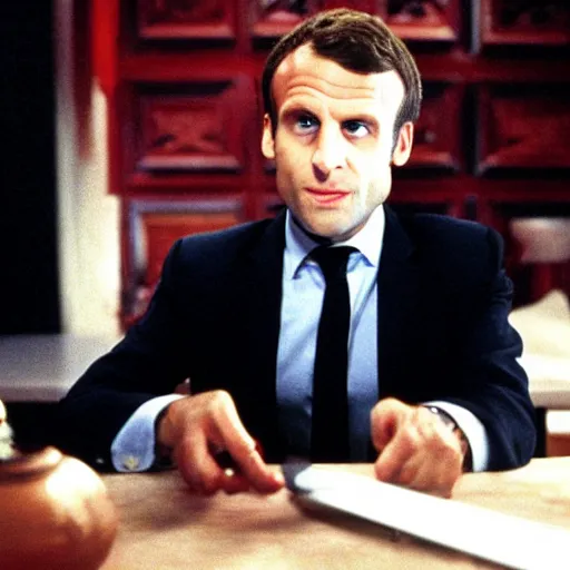 Image similar to Emmanuel Macron using a knife in American Psycho (1999)