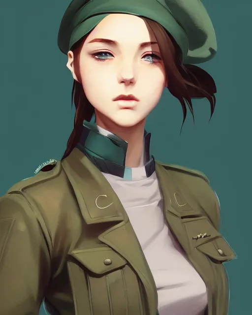 Image similar to young woman with shoulder length light brown hair and hazel eyes dressed in a sharp dark teal military uniform and beret, anime, ilya kuvshinov, greg rutkowski, guweiz, ross tran, loish, svetlana tigai, artgerm, artstation trending, concept art, digital painting