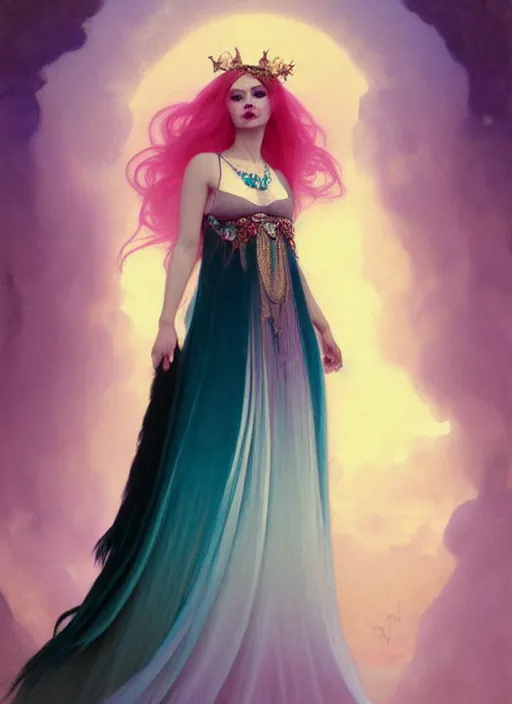 Prompt: ombre velvet gown, cyan, feathers, lovely bohemian princess, portrait, long white hair, tiara, dozens of jeweled necklaces, feral languid woman, by greg rutkowski, brom, anato finnstark, alphonse mucha
