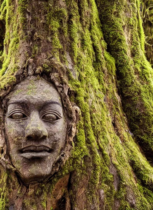 Image similar to photograph of hyperrealistic hyperdetailed ancient face inside a tree covered with bark and moss, in a dark mysterious forest at sunset