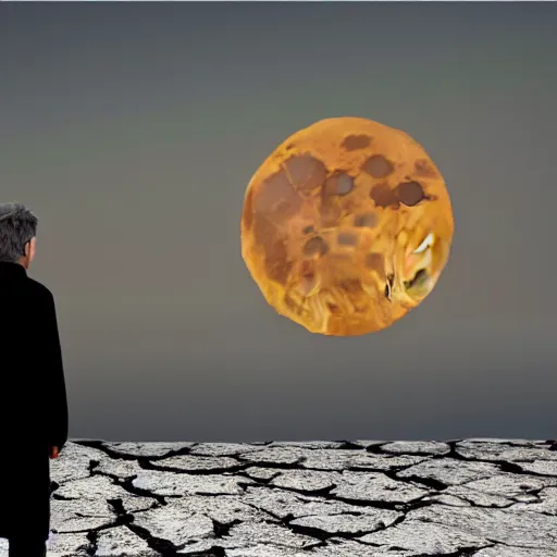 Prompt: The man in the black coat looking at the great burning moon, hyperrealistic, high detalied, 8K, high quality, high rendering,