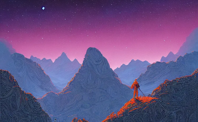 Prompt: mountains, stars and paisley filled sky, artstation, intricate, highly detailed, digital painting, concept art, sharp focus, illustration by Michael Whelan and James Gilleard