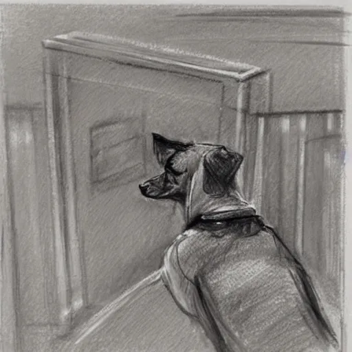 Image similar to a dog in a addressing a jury of mailmen, courtroom sketch