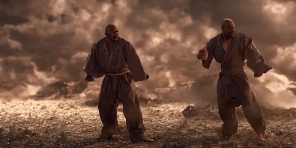 Prompt: a film still of a black man starring in a japanese blockbuster film as heihachi from tekken 7, shallow depth of field, cinematic, award winning cgi, vfx, film still
