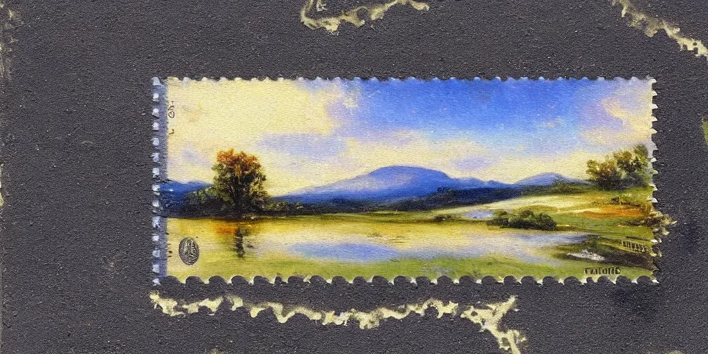 Prompt: melted, romantic painting of a landscape, on a poststamp