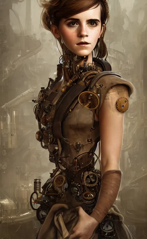 Image similar to steampunk biopunk portrait of emma watson, au naturel, hyper detailed, digital art, trending in artstation, cinematic lighting, studio quality, smooth render, unreal engine 5 rendered, octane rendered, art style by klimt and nixeu and ian sprigger and wlop and krenz cushart.