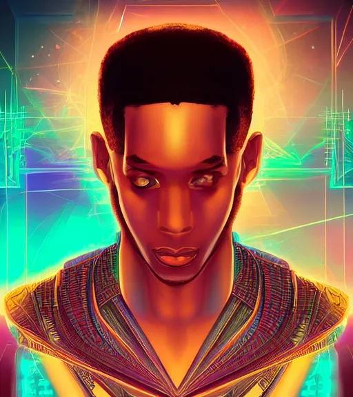 Image similar to symmetry!! egyptian prince of technology, solid cube of light, hard edges, product render retro - futuristic poster scifi, lasers and neon circuits, brown skin man egyptian prince, intricate, elegant, highly detailed, digital painting, artstation, concept art, smooth, sharp focus, illustration, dreamlike, art by artgerm