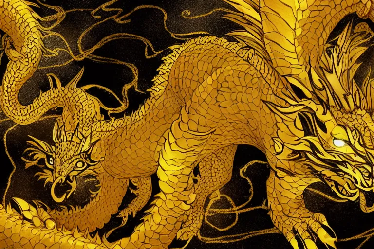 Prompt: full body digital illustration of a young dragon of black and gold, clouds, bituminous pattern by randy vargas, bituminous design studio lighting, concept art, matte background, deviantart, artstation