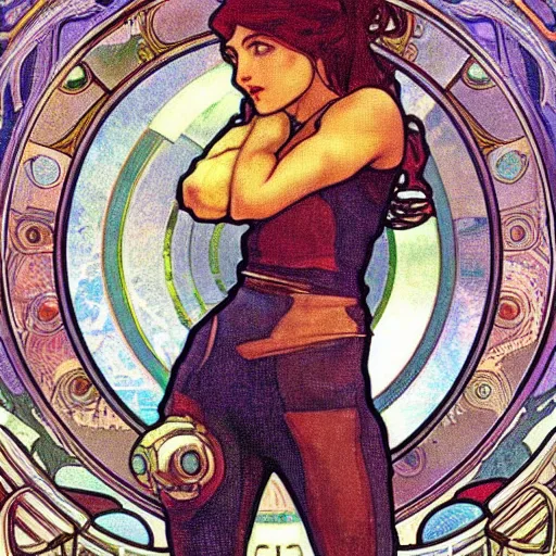 Prompt: Samus from Nintendo by Alphonse Mucha, high detail, peaceful colors