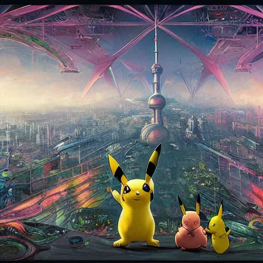 Prompt: 3 d, hyperrealism art glamorous sci - fi poster, a panoramic view of shanghai full of pikachu, beautiful whimsical botanical illustration, by android jones and greg rutkowski, digital matte painting, ghibli style, golden ratio