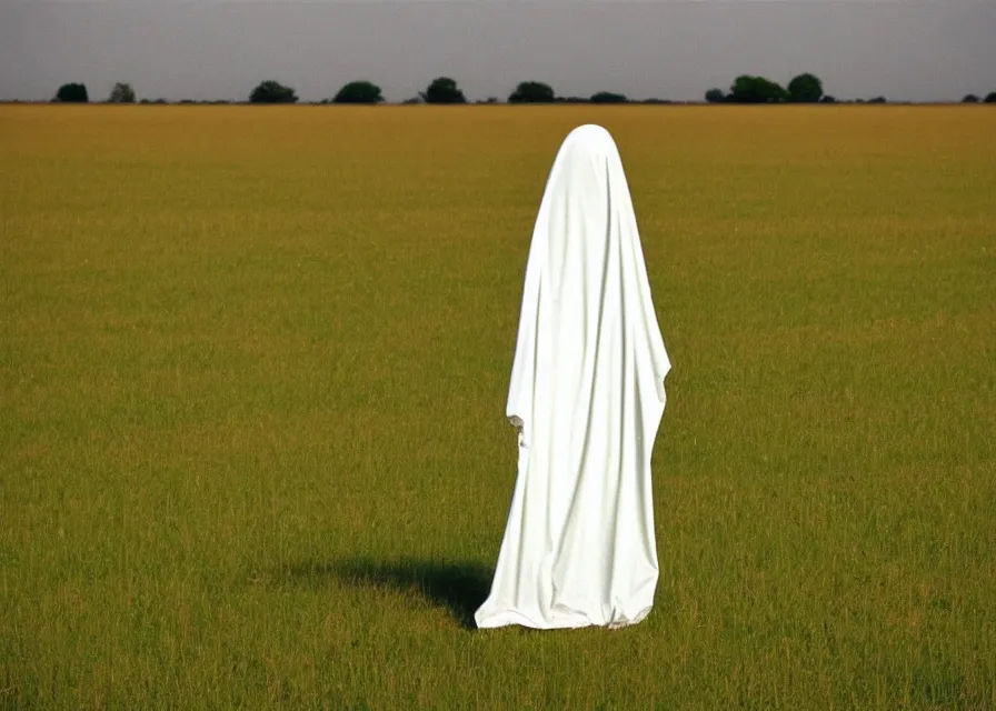 Image similar to white sheet ghost standing in an empty field, by jean charlot