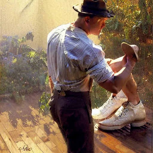 Image similar to channing tatum ties his shoes on a hot and sweaty summer day, painting by gaston bussiere, craig mullins, j. c. leyendecker, tom of finland