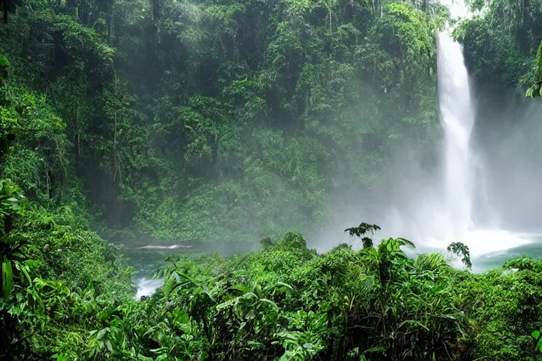 Prompt: colombian jungle and waterfall, mysterious and beautiful