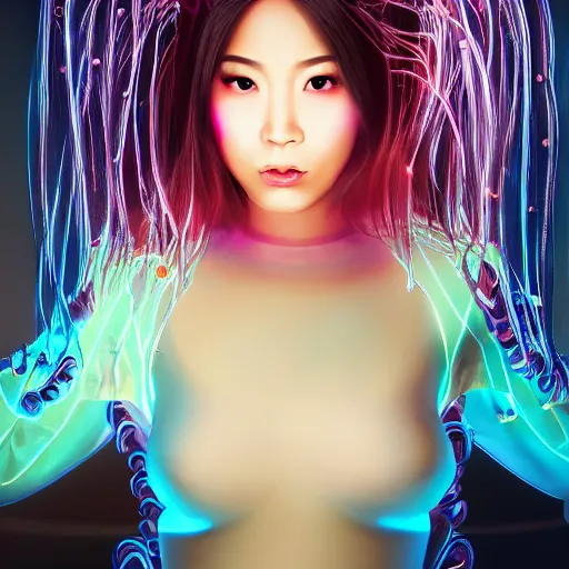 Prompt: a portrait of a full body beautiful futuristic asian girl, young with long hair, neon bioluminescence, wearing kimono, horror scene, hyper - realistic, very detailed, intricate, very sexy pose, slight smile expression, unreal engine, by artgerm, wlop and ross thran, dramatic cinematic lighting rendered by octane, 8 k, detailed