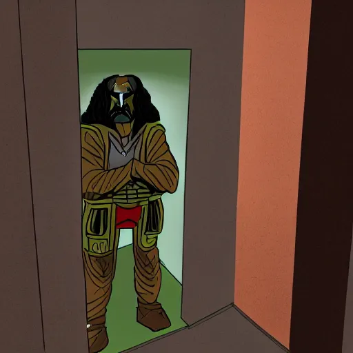 Image similar to gowron the klingon in a bathroom stall looking at a hole in the wall, random styles