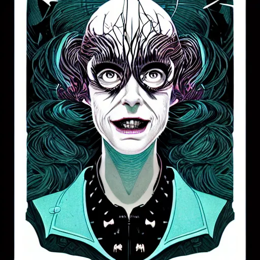 Image similar to portrait top light, by killian eng and joe fenton and martin deschambault and conrad roset, inspired by beetlejuice, etching, fine, sharp high detail,