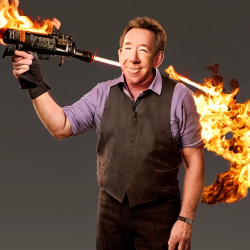 Prompt: tim allen with a flamethrower