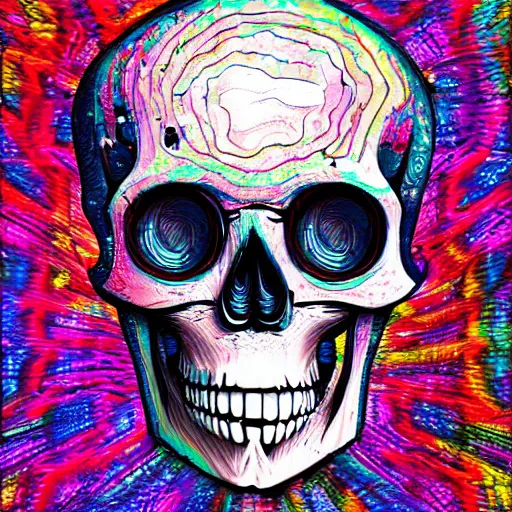 Image similar to portrait of skull, trippy, glitch, paint dripping, miyazaki style, exaggerated accents